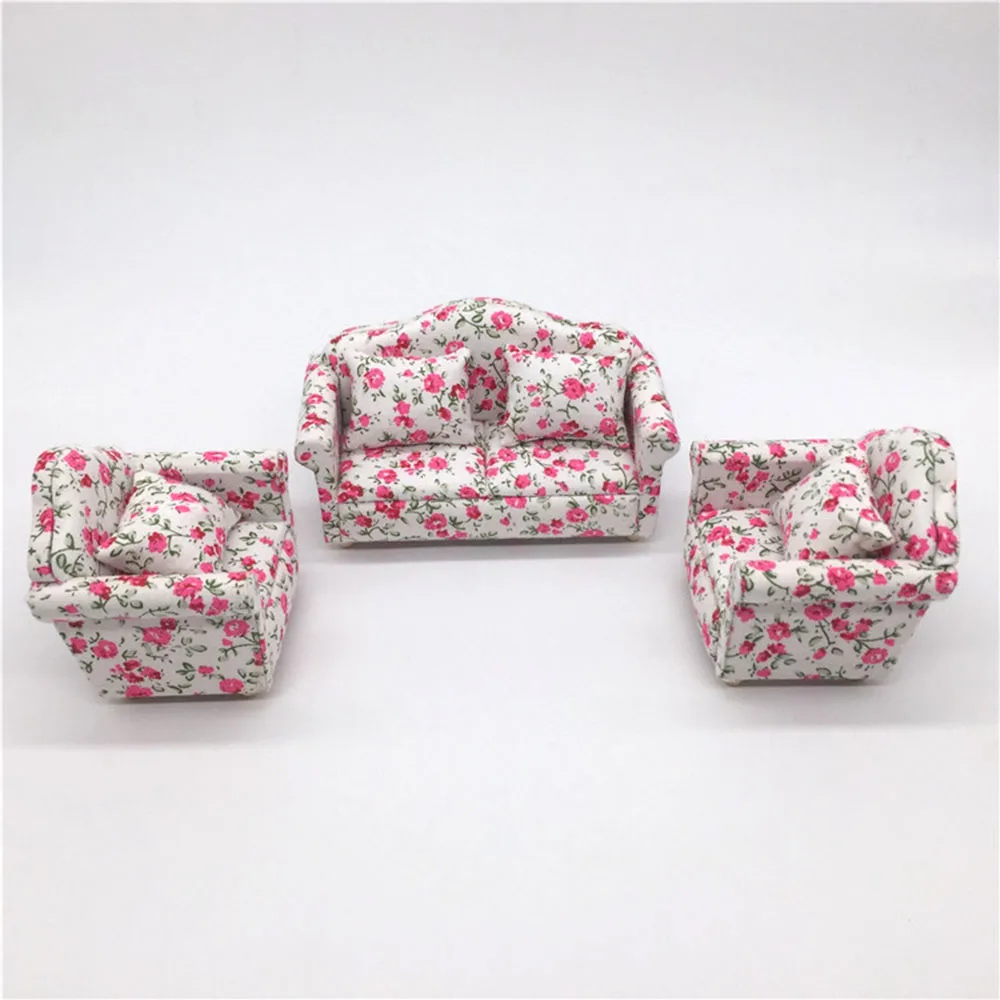 

1/12 Dollhouse Miniature Accessories Mini Wooden Cloth Sofa Set with Pillow Simulation Furniture Toys for Doll House Decoration