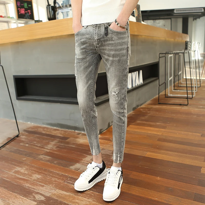 2019 spring men's new denim 9 points pants tide men's hole slim slim feet pants youth simple jeans