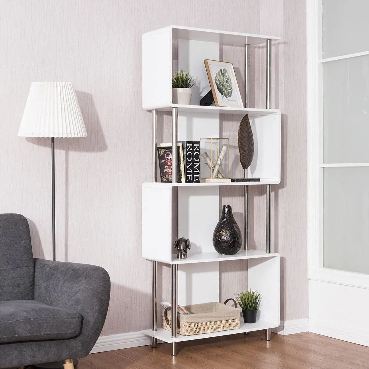 Современный книжный шкаф Giantex HW61410WH в промышленном стиле 4 полки для гостиной