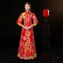 2018 New Phoenix Embroidery Cheongsam Chinese Traditional bride Wedding Dress Women red qipao Long Evening Dress