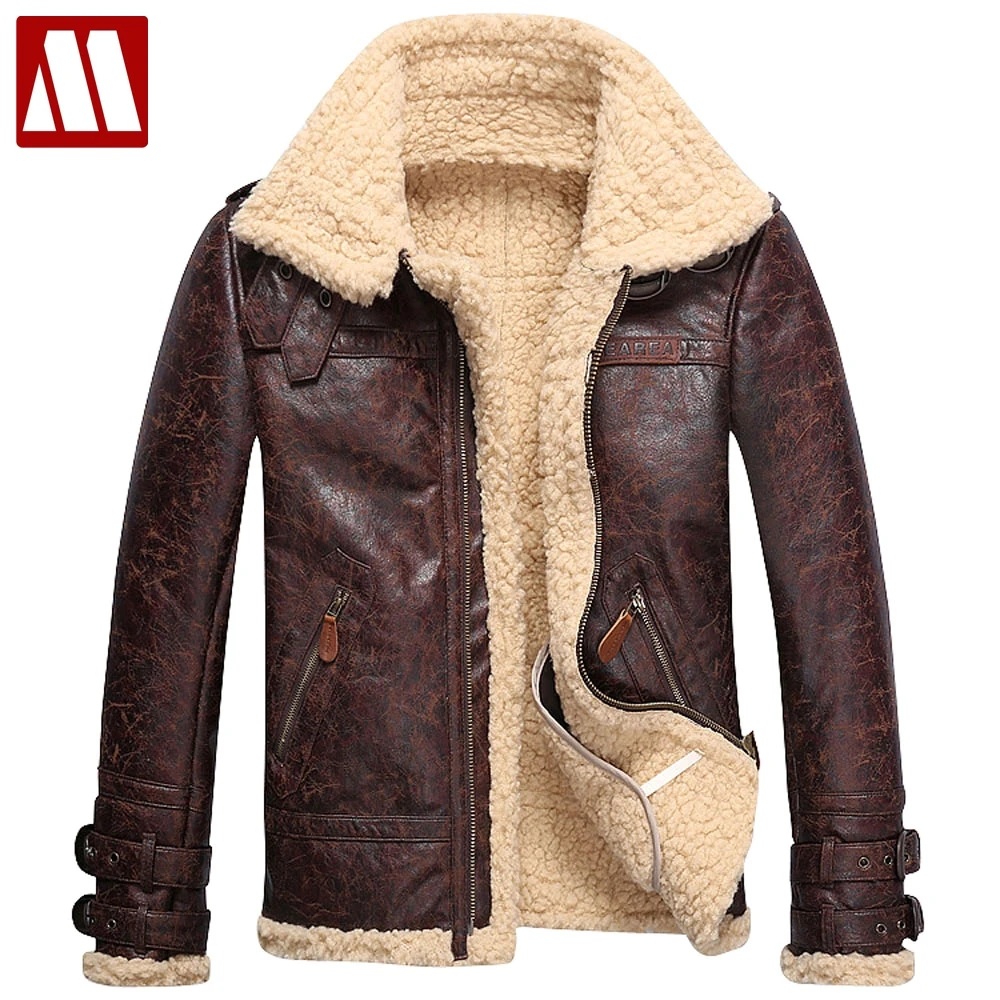 Брендовые Модные мужские винтажные кожаные куртки из искусственного меха ягненка флисовая куртка-бомбер мужская зимняя теплая меховая подкладка пальто на молнии