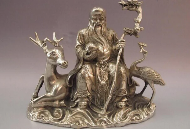 

150401 S0714 Chinese White Copper Bronze Silver Ride Deer Longevity Crane god Buddha Statue