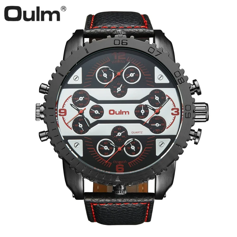 

OULM Big Size Fashion Watch Men Quartz Analog Clock Leather Strap Multiple Time Zones Sub-dials Military Sport Wrist Watches DZ