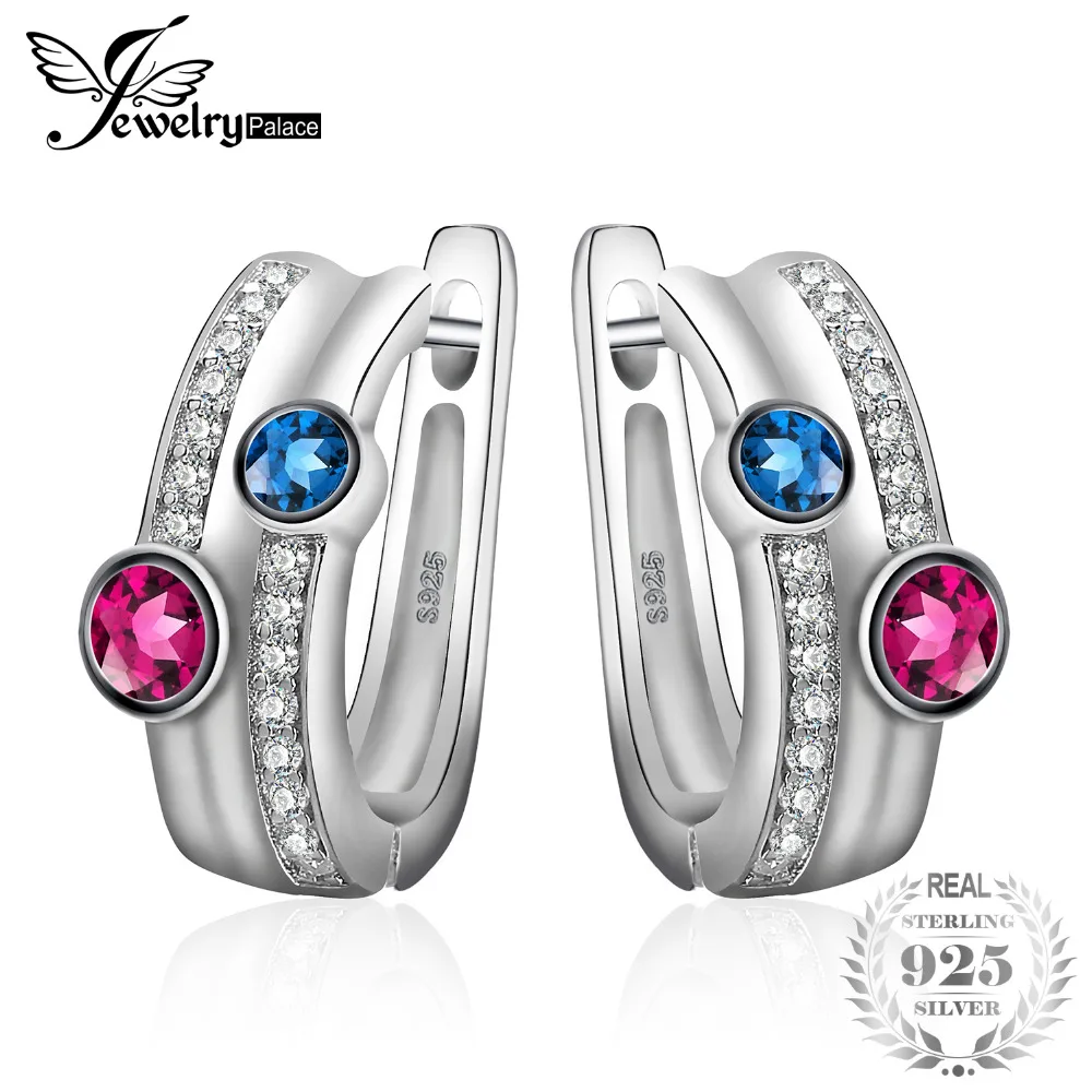 

JewelryPalace Round 0.68ct Created Ruby & Sapphire Cluster Clip Earrings 925 Sterling Silver Fine Jewelry Women Trendy Earrings