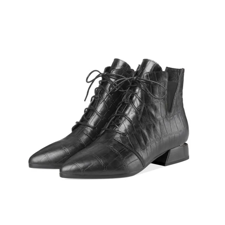 MLJUESE/; женские ботильоны из коровьей кожи на шнуровке; ботинки на низком каблуке с геометрическим рисунком; зимние короткие плюшевые ботильоны; обувь под вечернее платье; размер 40 - Цвет: Black