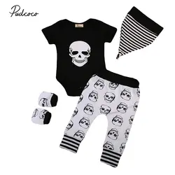 Pudcoco/Одежда для новорожденных; комбинезон с короткими рукавами и принтом черепа; топы; штаны; брюки; шапка; носки; 4 предмета в комплекте;