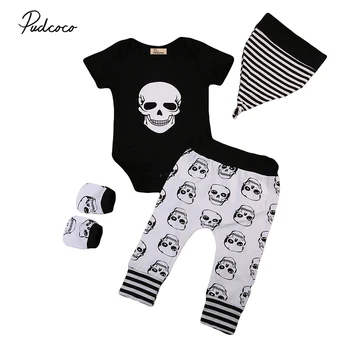 

Pudcoco Newborn Baby Clothes Short Sleeve Skull Print Romper Tops Pant Trouser Hat Sock 4PCS Outfits Children Clothing Set