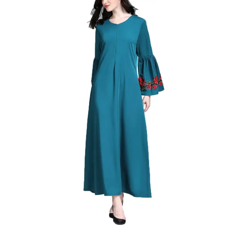 

Womens Abaya Muslim Kaftan Puff Sleeve Embroider Applique Maxi Long Dress Solid Color Ethnic Style Middle East Robe With Pockets