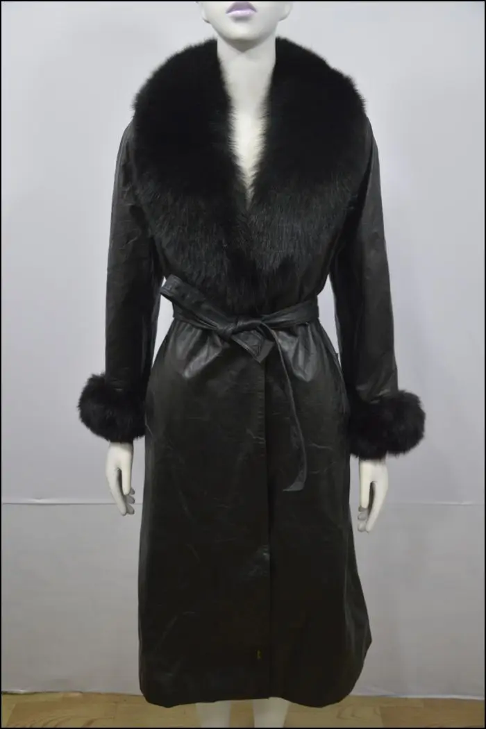 

S M 2019 Woman genuine sheepskin lambskin leather coat winter autumn fall long jacket for female lady real fox fur collar black