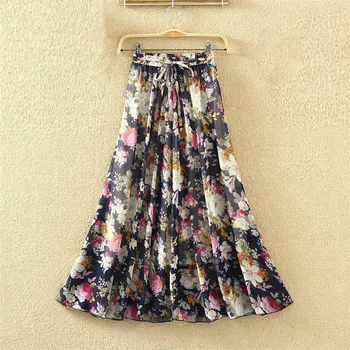 

New Coming Lovely Women Maxi Skirt 2018 High Waist Pleated print A Line Long Skirt S-XL high elasticity fashion Chiffon skirts