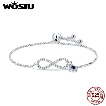 

WOSTU 2019 100% 925 Sterling Silver Sparkling Infinity Women Chain Link Bracelet Wedding Adjustable Silver Jewelry Gift CQB087