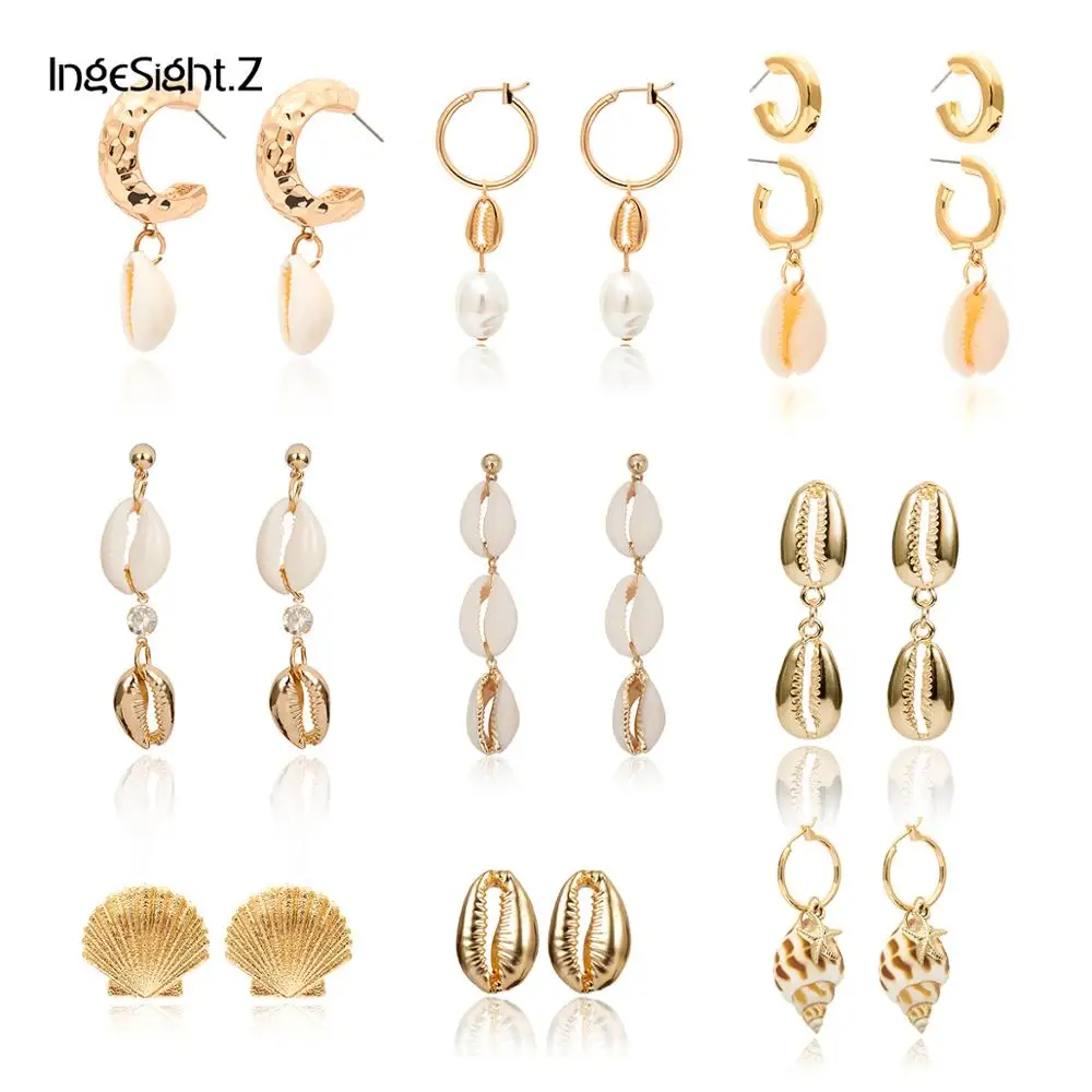 

IngeSight.Z Bohemian Natural Cowrie Shell Conch Hanging Drop Earrings Statement Scallop Pearl Dangle Earrings for Women Jewelry