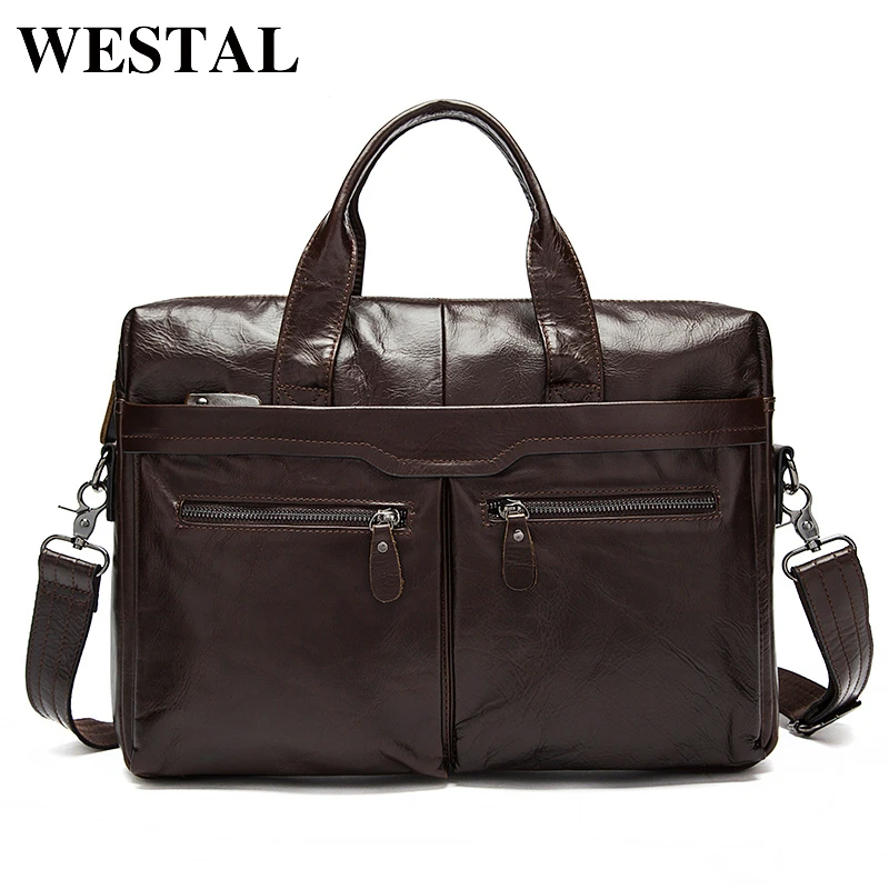 WESTAL حقيبة رجالية جلد طبيعي حقيبة ساعي بريد للرجال جلدية الكتف الحقائب المحمولة 14 Crossbody أكياس للرجال حقائب الذكور 9005
