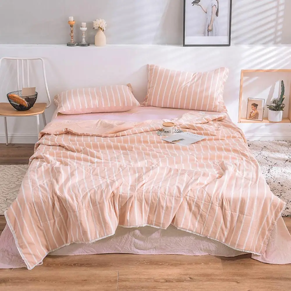 

2019 Nordic Orange Stripes Lines 4pcs Thin Summer Comforter Bedding Sets Wash Polyester Bedlinens Flat sheet Pillowcases