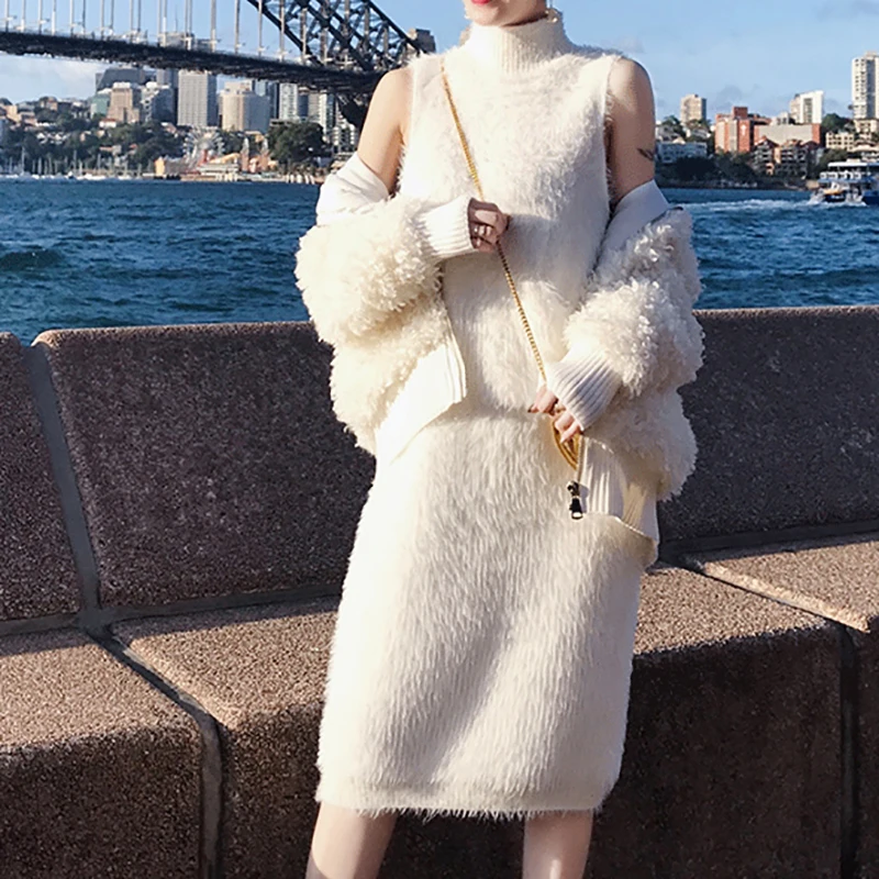 

NEW Faux Mink Cashmere Blend Dress Celebrity Knit Women Sleeveless Girls Dresses B13