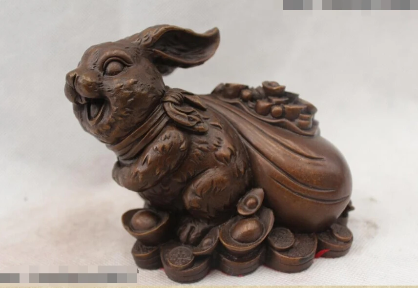 

4"Chinese Folk Feng Shui Bronze Lifelike Money drawing Gold bag Rabbit Statue