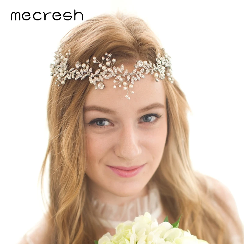 

Mecresh Spring Flowers Simulated Pearl Bridal Headband Silver Color Crystal Wedding Hair Accessories Handmade Jewelry MTS063