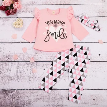 

3Pcs Spring Newborn Baby Girl Clothes Pink Sleeve Ruffle Tops+Geometric Pants+Headband Infant Toddler Baby Clothing Set 0-24M