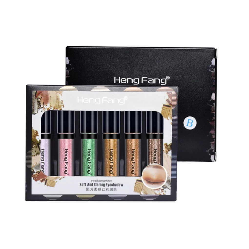 hengfang6pcs/set Liquid Eyeshadow Easy Dye Glittering Women Waterproof Eyeshadow Smooth Brush Girl Makeup Supplies