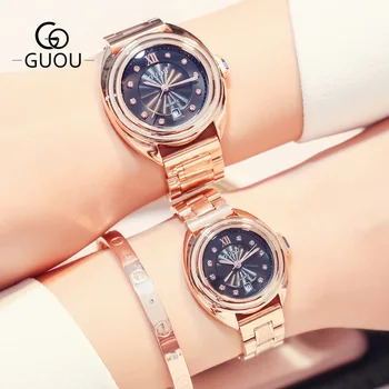 

GUOU Luxury Rhinestone Women Man Watch Leisure Roman Retro Lovers' Dress Calendar Bracelet Bangle Quartz Woman Wristwatch Clock