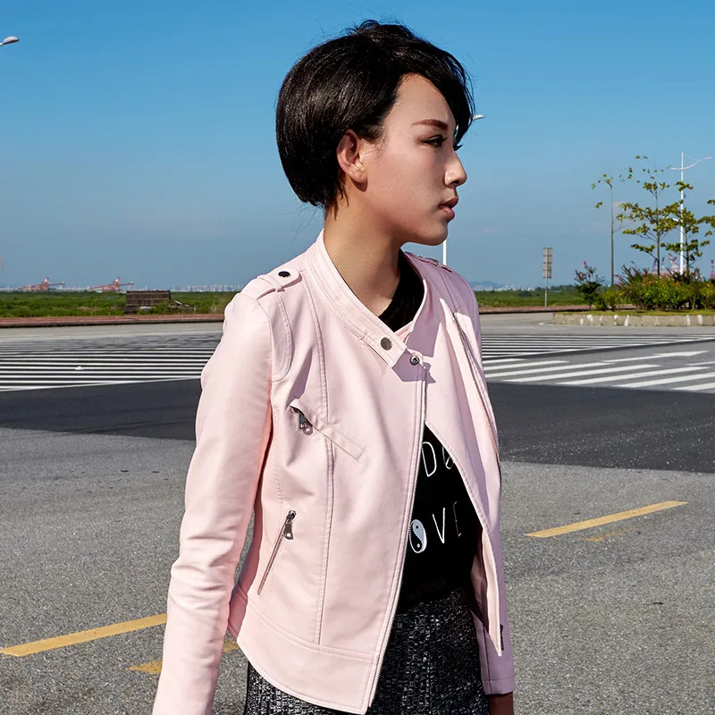 Осенняя Женская куртка из искусственной кожи, короткая, стирается, ПУ, мотоциклетная куртка, уличный стиль, воротник-стойка, розовое пальто, Veste Cuir Femme 16B1666
