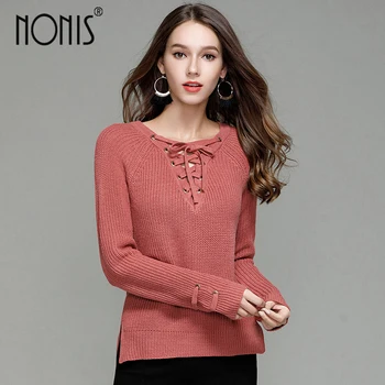 

Nonis New Arrival 2017 Women V-neck Lace Elastic Sweaters Pullovers Autumn Winter sweater twisted thickening slim pullover