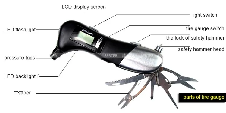 SEBTER Автомобильный аварийный молоток давления в шинах многофункциональный оконный выключатель нож режущий зажим инструмент Предупреждение