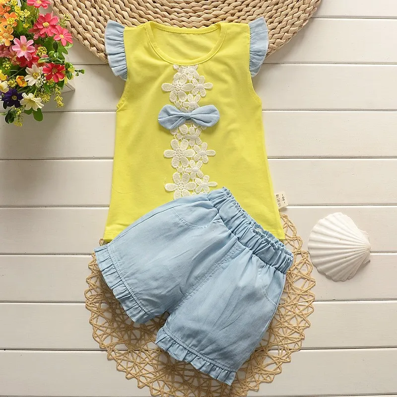 

BibiCola 2018 fashion baby girls summer clothing sets kids outfits suit children flower bow T-shirt +short pants clothing set