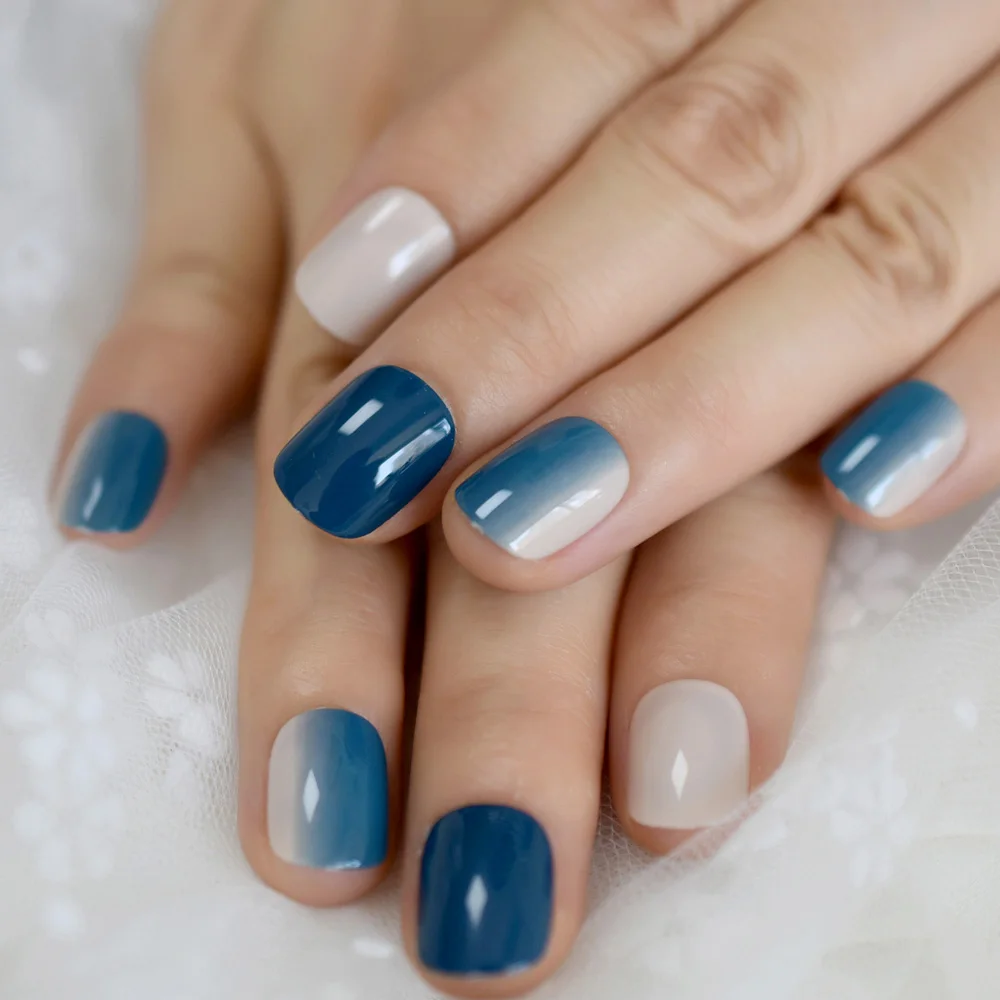 Модные искусственные ногти Ombre Faux Ongles голубой телесный градиент Короткие повседневные украшения ногти с клеем вкладки 24 комплекта