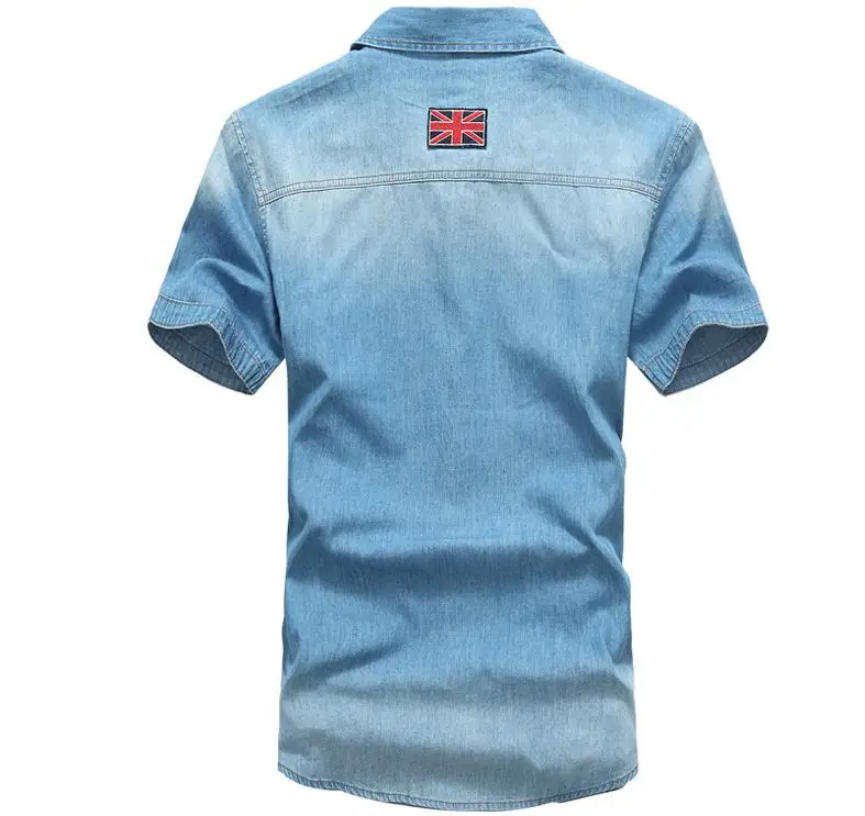 M/3Xl Mens Summer Slim Denim Shirts Short Sleeves Flag Stitching Summer Denim Shorts Turn Down Collar Jeans Shirts J1447