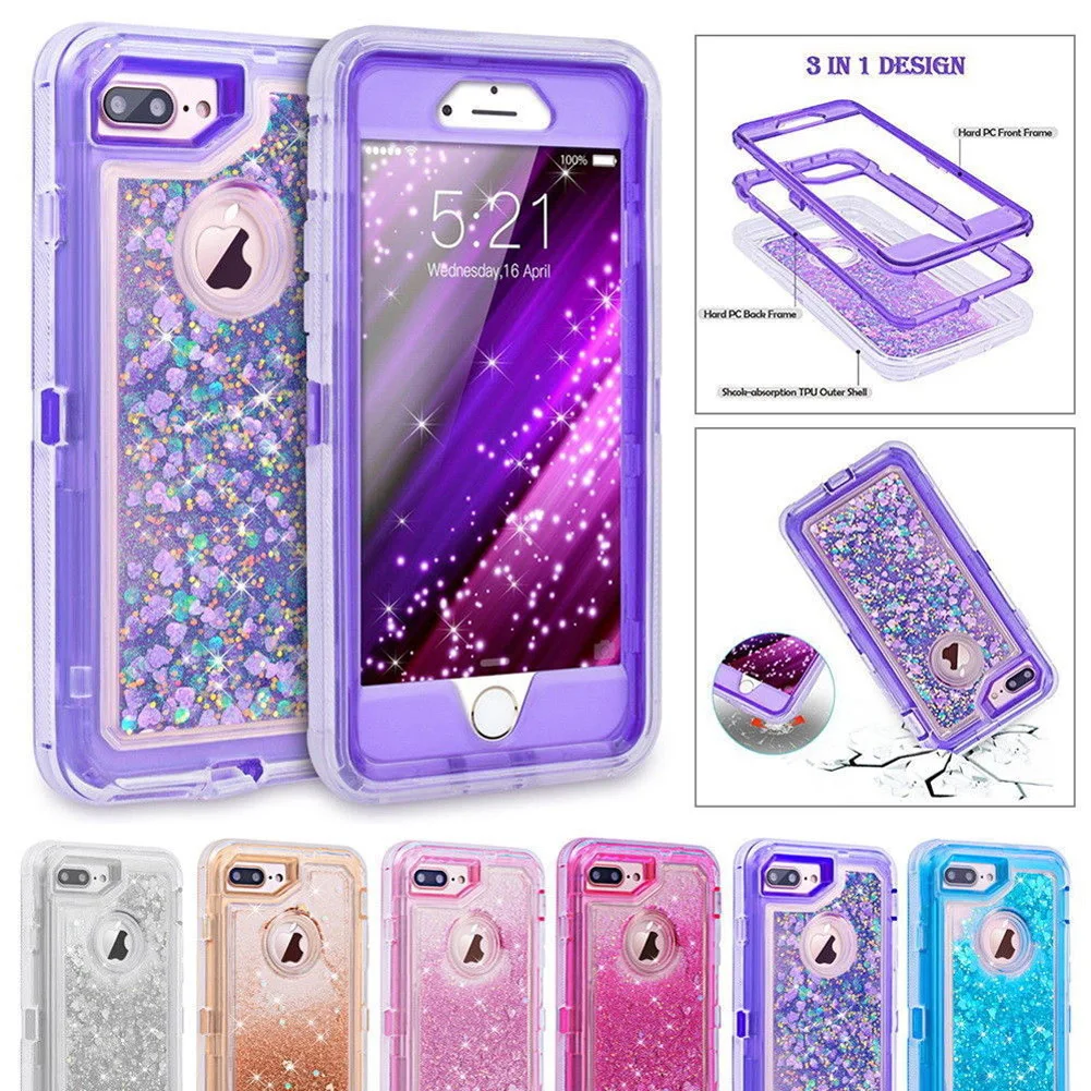 

Hybrid 3D Glitter Armor Case for iPhone 8 Plus X X XS Max XR Ten Dynamic Quicksand Shockproof Phone Cases Covers for 6 6S 7 Plus