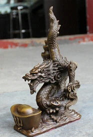 

Antique Leading treasure Pure Copper home decoration 10 "Folk Chino Pure Bronze Zodiac Riqueza YuanBao Mito Fly Dragon Estatua