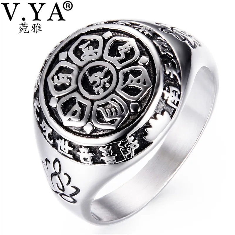 

V.YA Vintage 925 Sterling Silver Ring for Women Men Six Words Budda Buddhism Mantra Biker Mens Male Rings High Quality