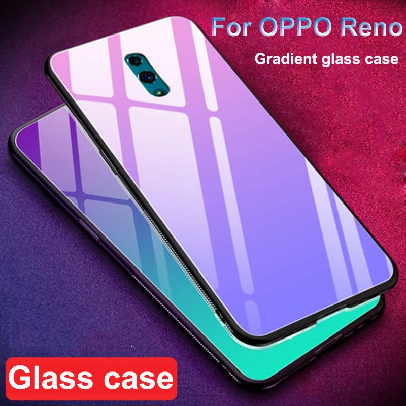 

For OPPO Reno case Solid color tempered glass phone cover casing For OPPO Reno CPH1921 cases Gradient glass shell back coque
