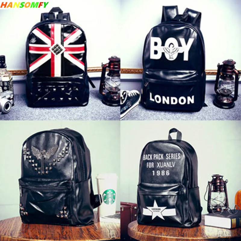 

2018 New black PU leather men's backpack bag skull pattern student bag shoulder fashion motorcycle men bags