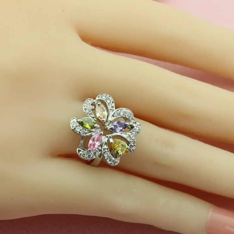 Цветок многоцветный кубический цирконий серебряные Ювелирные наборы для женщин серьги кулон ожерелье кольцо браслет шкатулка WPAITKYS