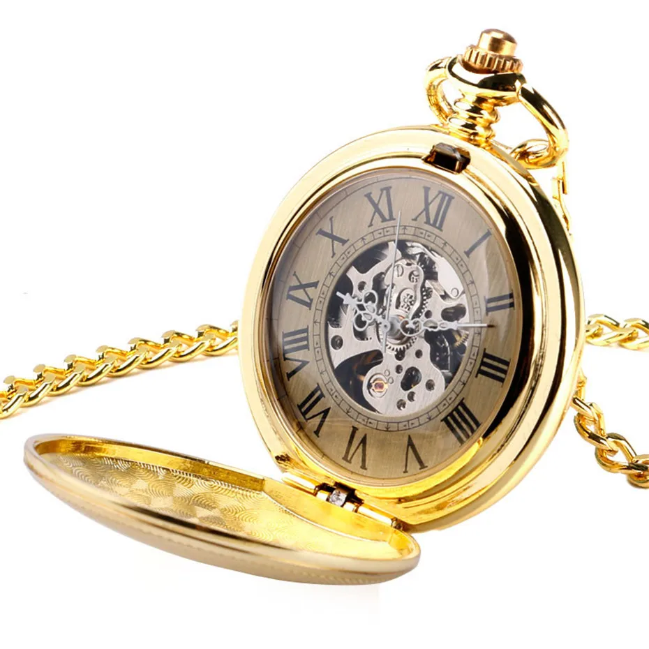 Luxury Golden Shield Automatic Mechanical Skeleton Retro Roman Numberal Pocketwatch Pendant Chain Analog Self Wind Watches  (3)