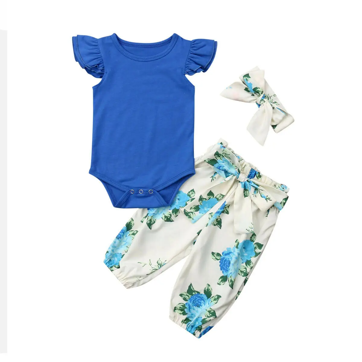 2019 Summer Infant Baby Girls Boys Causal Clothes Sets 3pcs Blue Romper Tops+Floral Pants+Headband Outfits | Детская одежда и