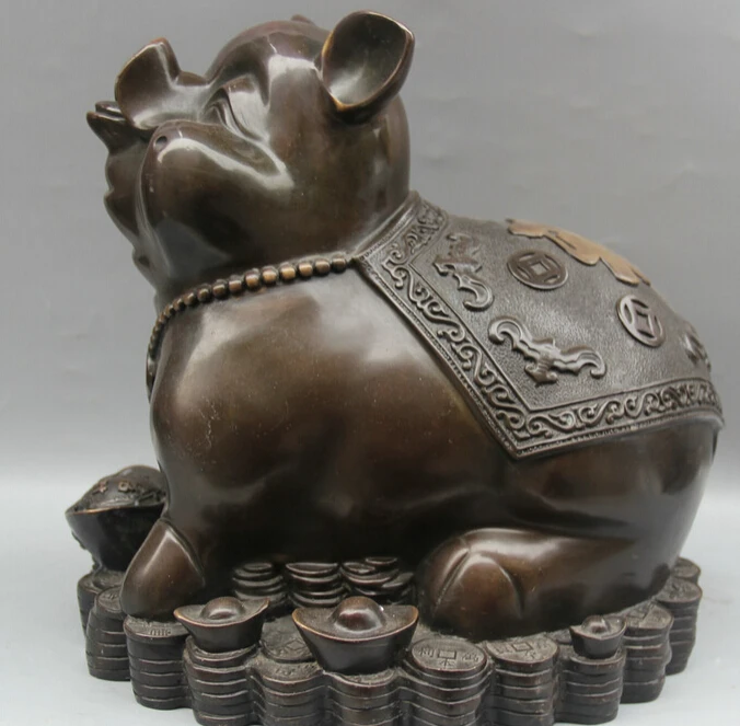 

xd 002254 11" Chinese Fengshui Bronze Fu Wealth Zodiac Year Pig Chiropter Statue Sculpture