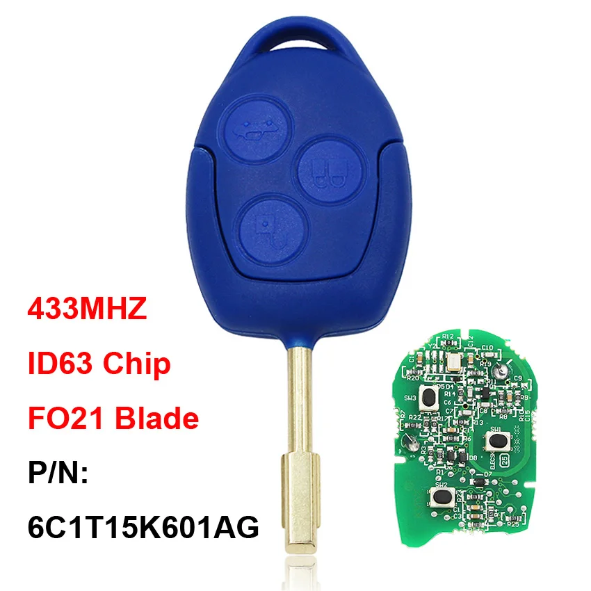 

3 Button Remote Key Smart Car Key 433MHz 4D63 Chip FO21 Uncut Blade P/N: 6C1T15K601AG for Ford Transit WM VM 2006 - 2014