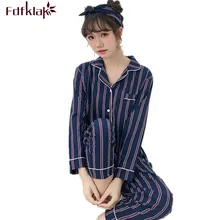 Fdfklak Демисезонный Пижама Женский, с длинным рукавом темно-синий/розовый комплект полосатая Пижама, пижамный комплект в полоску Женская пижама комплект домашней одежды Q535