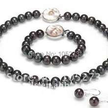 Милый жемчуг, ювелирный набор AA 10-11 мм, Круглый формирователь, черный цвет, натуральный пресноводный жемчуг, ожерелье, браслет, серьги, новинка