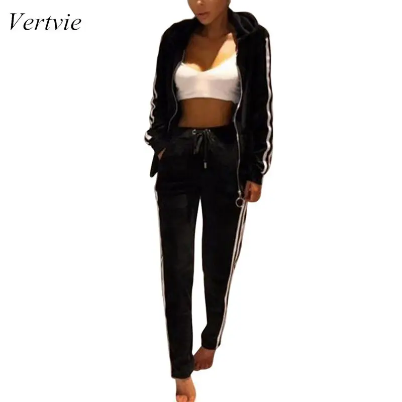 

Vertvie Women's Striped Gold Velvet Zipper Warm Sweater Trousers Set Sportwear Running Set Fitness Long Sleeve Sport Suit 2019