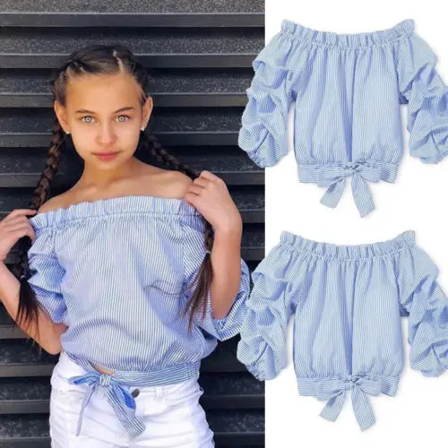 2018 New Blue Stripe T-Shirt Kid Baby Girls Off-shoulder Long Sleeve T-Shirts Tops Tee Clothes Children Fashion Summer T-shirt |