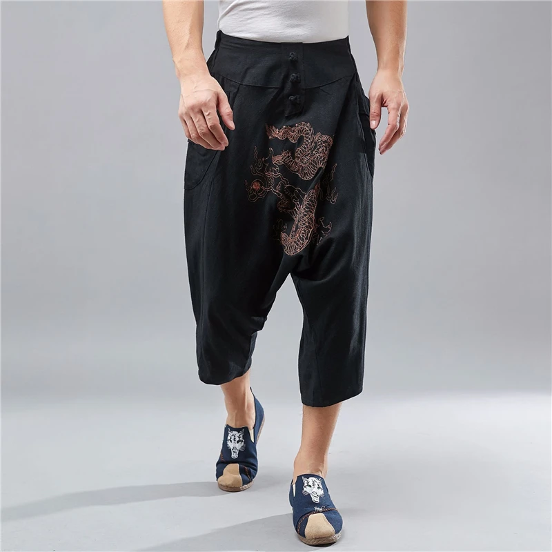 

LZJN 2019 Summer Cropped Trousers Chinese Dragon Embroidery Linen Long Shorts for Men Harem Pants Bermuda Casual Short Pants