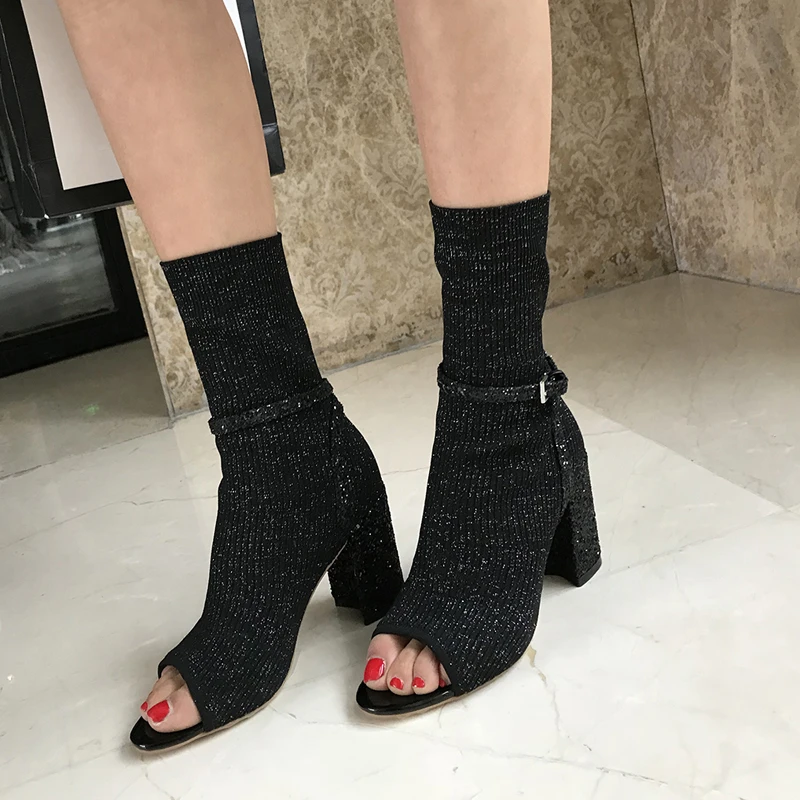 

women's beige knitted open toe high heel ankle boots socks booties Sock Boots Knit Stretch Women Winter Boots High Heels Shoes