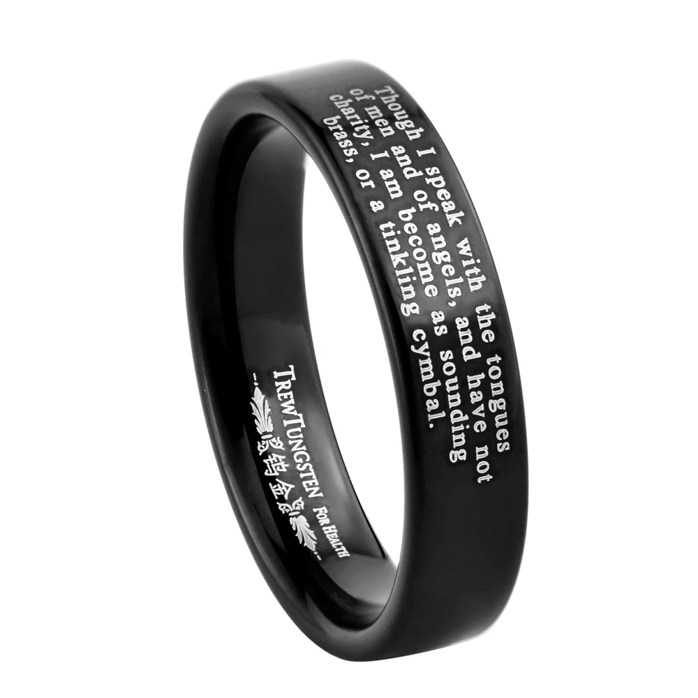 Flat Style Polished Finish Laser Engraved Black Tungsten Carbide Ring