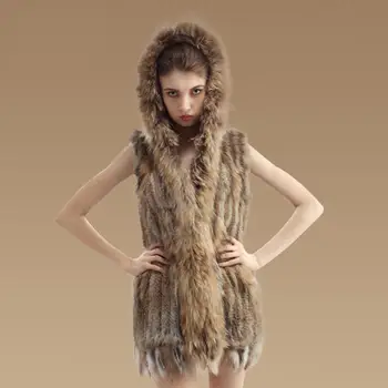 

women natural 100% real rabbit fur knit vest waistcoat With Hood raccoon fur collar sleeveless vest Warm Natural Fur Long Gilet