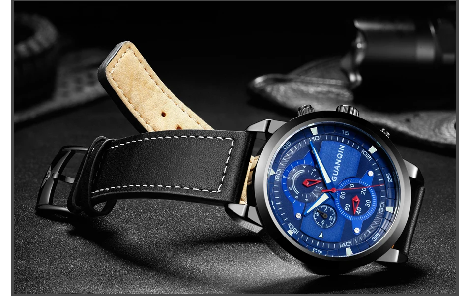 Натуральная GUANQIN Элитный бренд GS19078 хронограф Творческий кварцевые часы Для мужчин Военно-спортивный кожа наручные часы Relogio Masculino