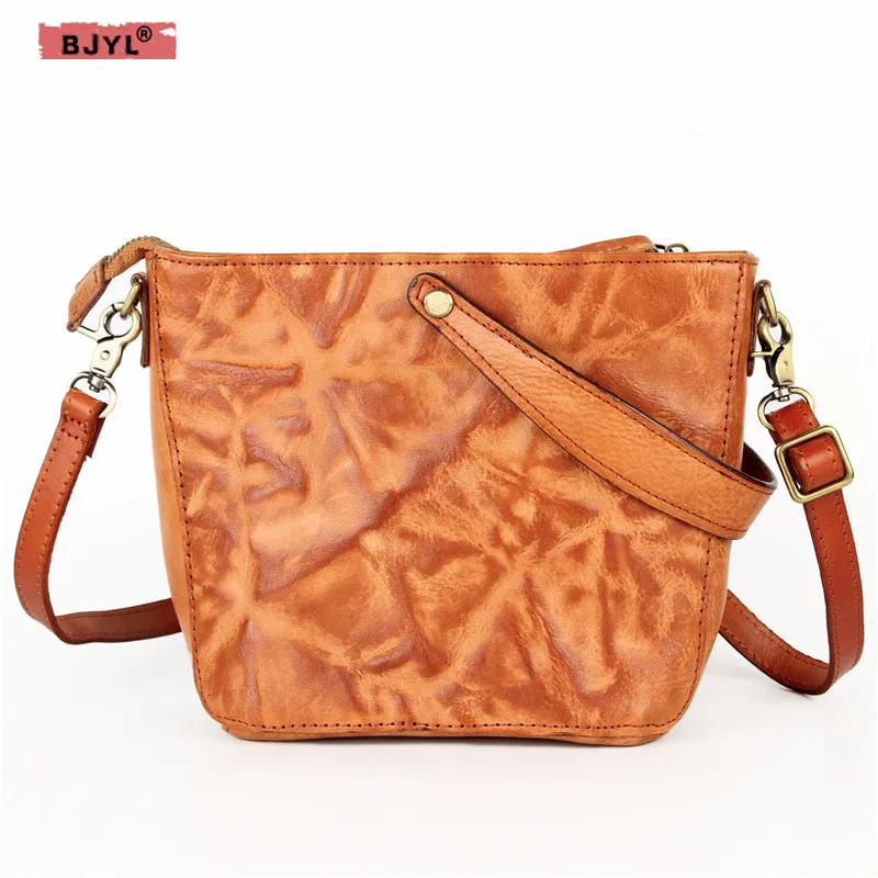 

BJYL simple retro Genuine leather women bag top layer leather shoulder messenger bag female vegetable tanned leather handbag